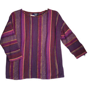 Chaps Sweater Womens PL Petite Large Purple Stripe Leather Trim Preppy Classic
